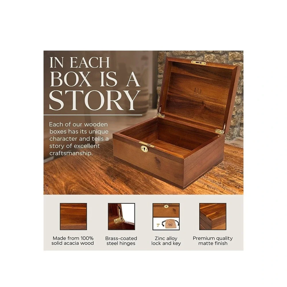 BSD Acacia Wood Keepsake Box With Lock Key Wooden Decorative Treasure Chest